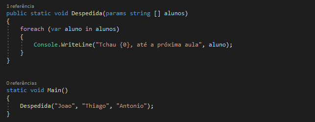 1 referência 
public static void Despedida (params string [] alunos)
{
foreach (var aluno in alunos)
{
Console.WriteLine("Tchau {0}, até a próxima aula", aluno);
}
}

0 referências 
static void Main()
{
Despedida("Joao", "Thiago", "Antonio");
}
