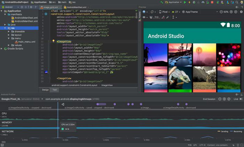 #PraCegoVer: na figura, temos um print do ambiente de desenvolvimento Android Studio. Trata-se de uma tela escura dividida em quatro partes: na coluna da esquerda, existe o dashboard, ao lado dela mais ao centro, o painel com as linhas de código, à direita, um painel com imagens. Na parte inferior, existe um painel visor com informações de desempenho do aplicativo a ser criado, incluindo código, visualização e outros menus.