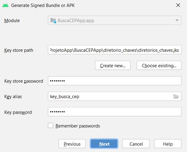 #PraCegoVer: na figura, temos um print da opção “Generate Signed Bundle or APK”, em que temos alguns campos já preenchidos, como “Key store path”, “Key store password”, “Key alias” e “Key password”. Há quatro botões acessíveis abaixo, sendo “Previous”, “Next”, “Cancel” e “Help”, um do lado do outro, com o segundo em destaque.