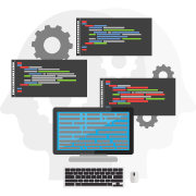 #PraCegoVer. Ilustração de ícone de um computador, ao fundo várias telas representando códigos de programação.