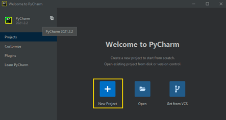 #PraCegoVer. A ilustração mostra a página de Boas-vindas do PyCharm. No centro da imagem há três botões: New Project, Open e Get from VCS.