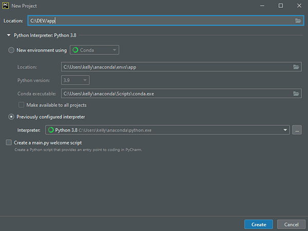 #PraCegoVer. A imagem mostra um recorte da tela de configuração do PyCharm. Em evidência está o local de armazenamento. Location: C:\DEV/app