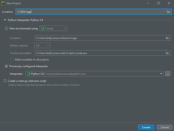 #PraCegoVer. A imagem mostra um recorte da tela de configuração do PyCharm. Em evidência está a opção Create a main.py welcome script.