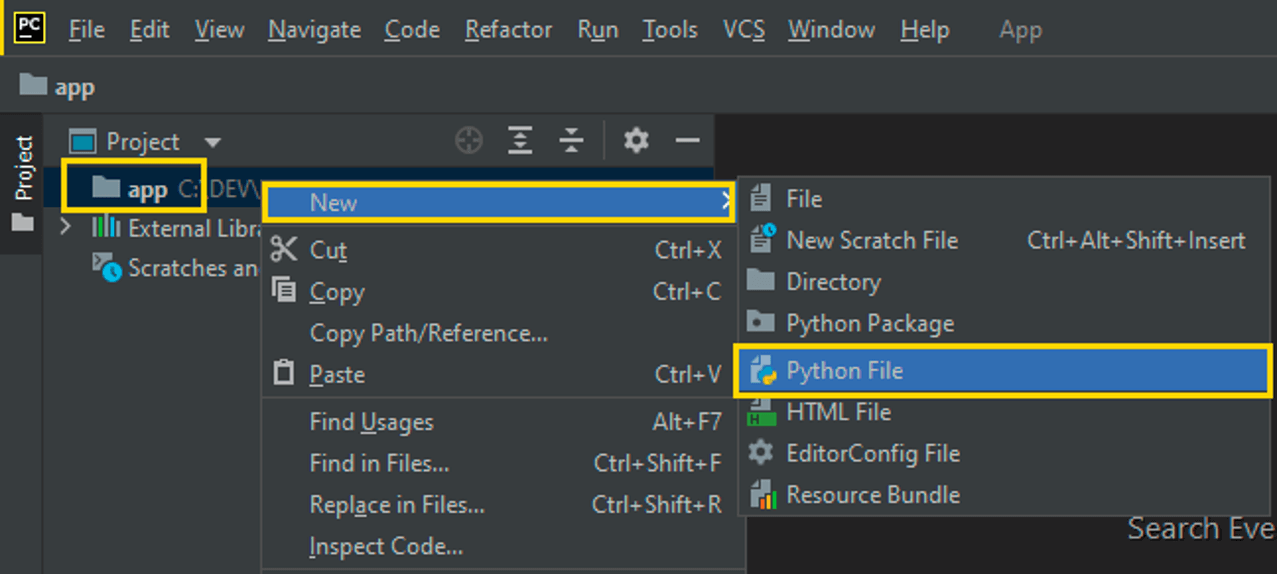 #PraCegoVer. A imagem mostra um recorte da tela de configuração do PyCharm. Em evidência está a pasta app do projeto. Na sequência, está em destaque botão New e o botão Python File.