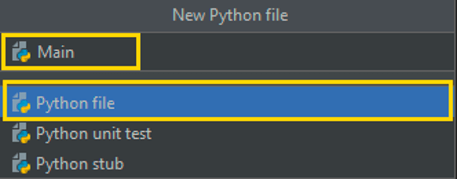 #PraCegoVer. A imagem mostra um recorte da tela de configuração do PyCharm. Em evidência está a pasta New Python file. Na sequência, está em destaque botão Main e o botão Python File.