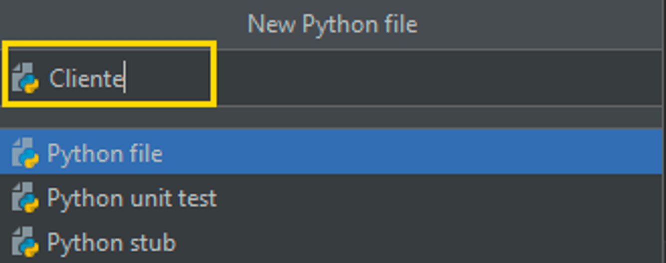 #PraCegoVer. A imagem mostra um recorte da janela New Python file. Na sequência está opção Cliente e depois o arquivo Python file.