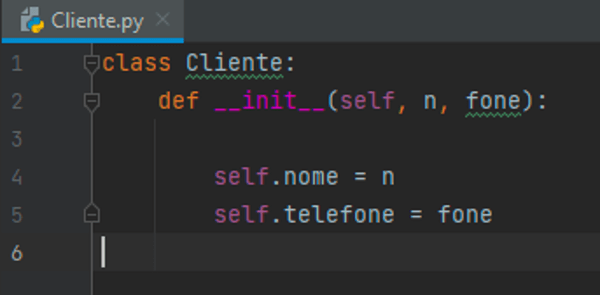 #PraCegoVer. A imagem mostra um recorte da tela de console do projeto Cliente.py. Em destaque está o parâmetro self (self, n, fone):